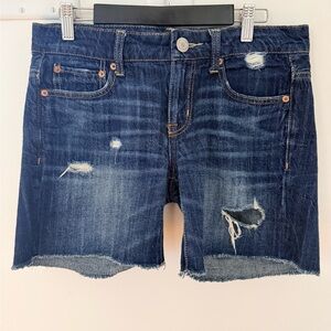 American Eagle Women’s Denim Shorts Distressed Long Dark Blue Jeans Short Size 0